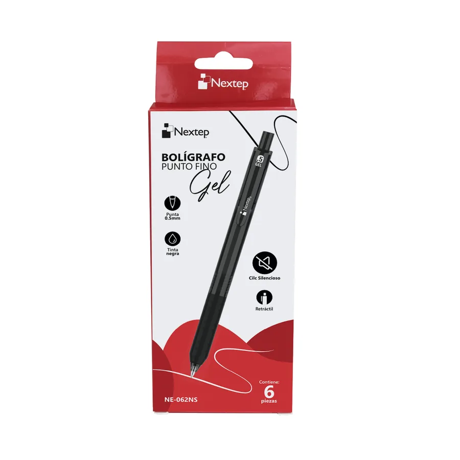 Bolígrafo Gel Retráctil Silencioso, Fino 0.5mm, Negro (c/6) — Nextep