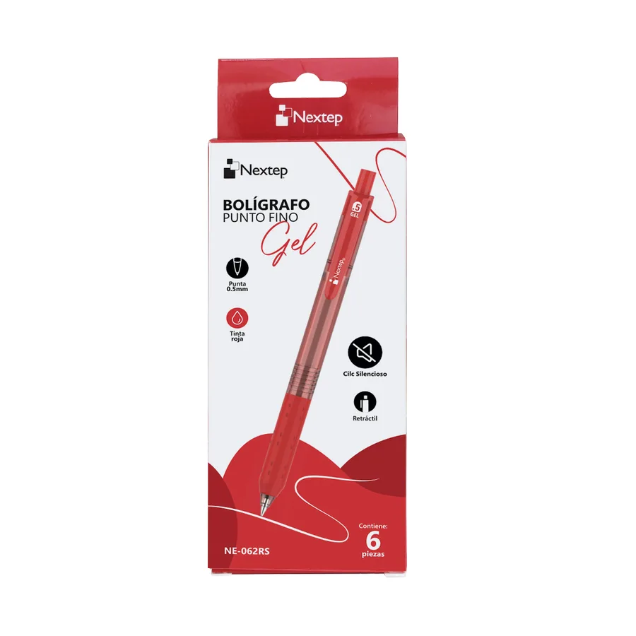 Bolígrafo Gel Retráctil Silencioso, Fino 0.5mm, Rojo (c/6) — Nextep