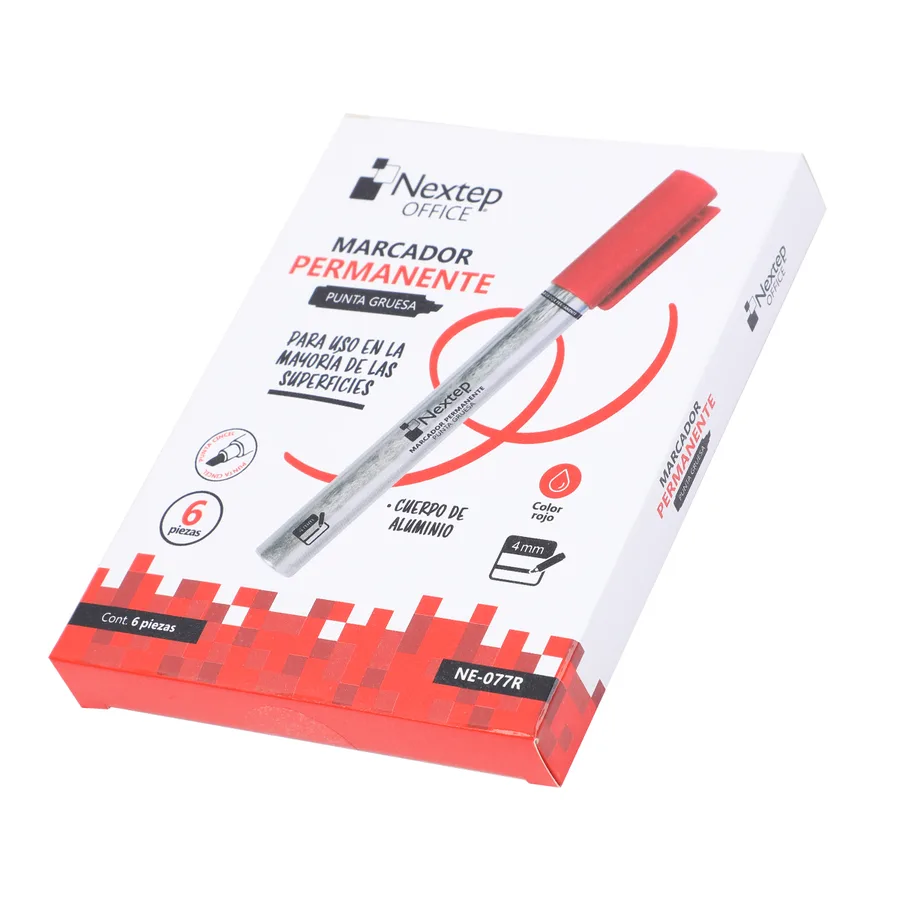 Marcador Permanente Cuerpo Aluminio, Punta Gruesa Cincel 4mm, Rojo (c/6) — Nextep