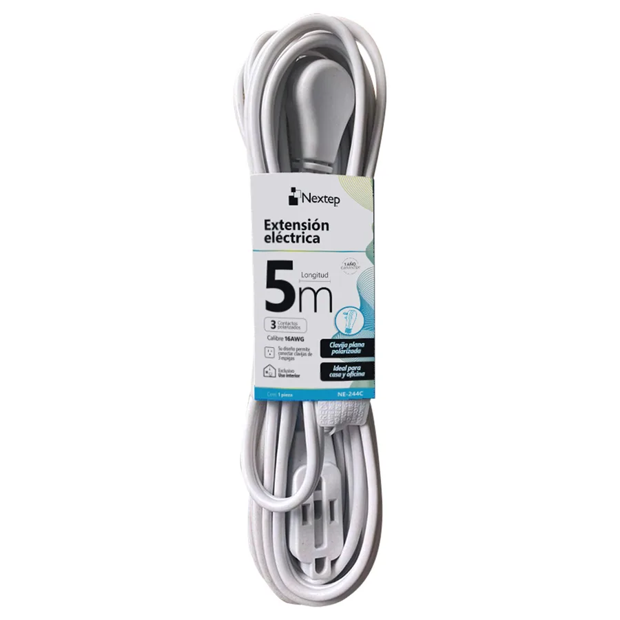 Extensión Electrica para Casa/Oficina, 16 Awg 5M, Clavija Plana, Blanca — Nextep