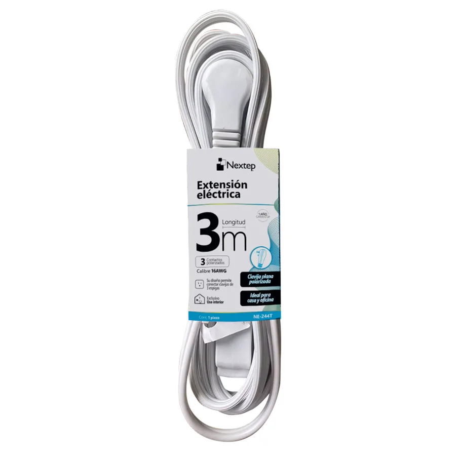 Extensión Electrica para Casa/Oficina, 16 Awg 3M, Clavija Plana, Blanca — Nextep